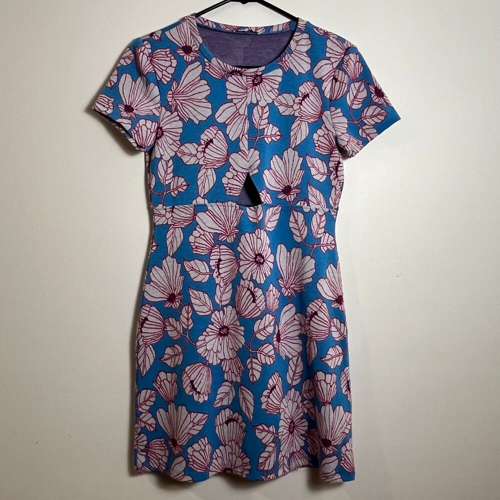 Zara Soft Floral Jacquard Cutout Dress Size M Blue Pink White Keyhole Boho Mini